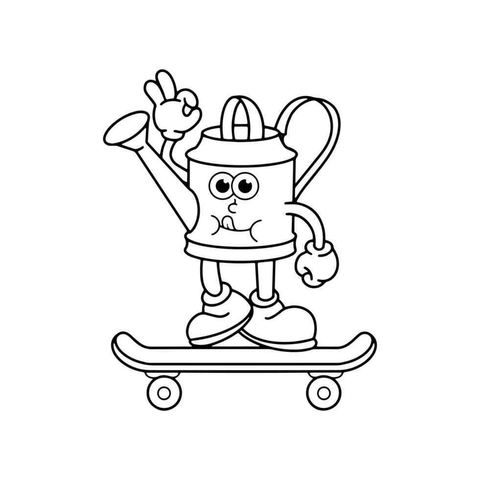 groovy character plants and skateboard. Trendy cartoon retro groovy character style. watering can. Vector illustration.