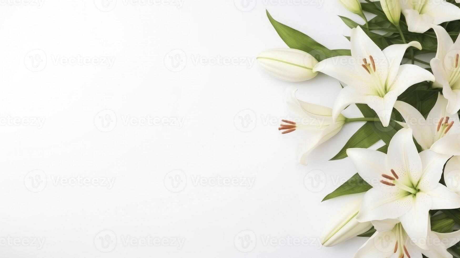 ai generado flores blanco pastel lirios composición en un blanco antecedentes Copiar espacio modelo foto