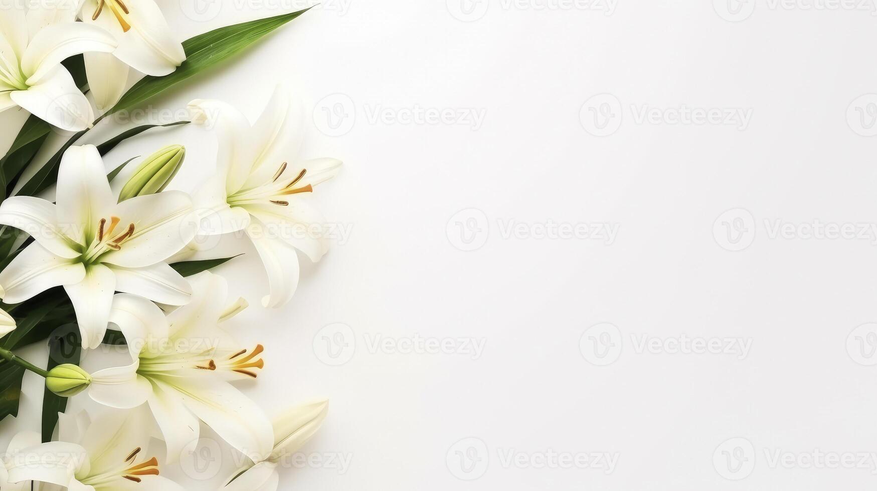 AI generated flowers white pastel lilies composition on a white background copy space template photo