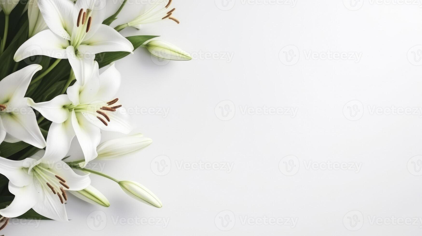AI generated flowers white pastel lilies composition on a white background copy space template photo