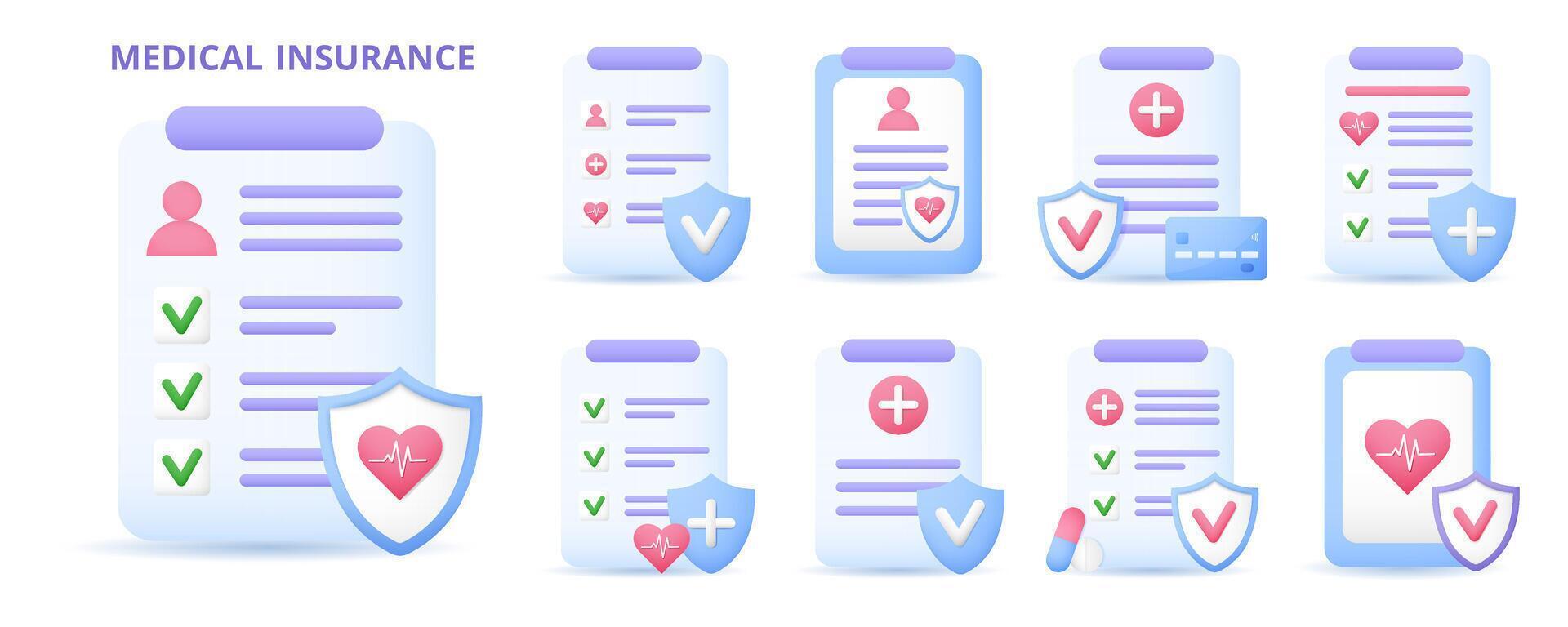 Medical insurance clipboard icon set vector