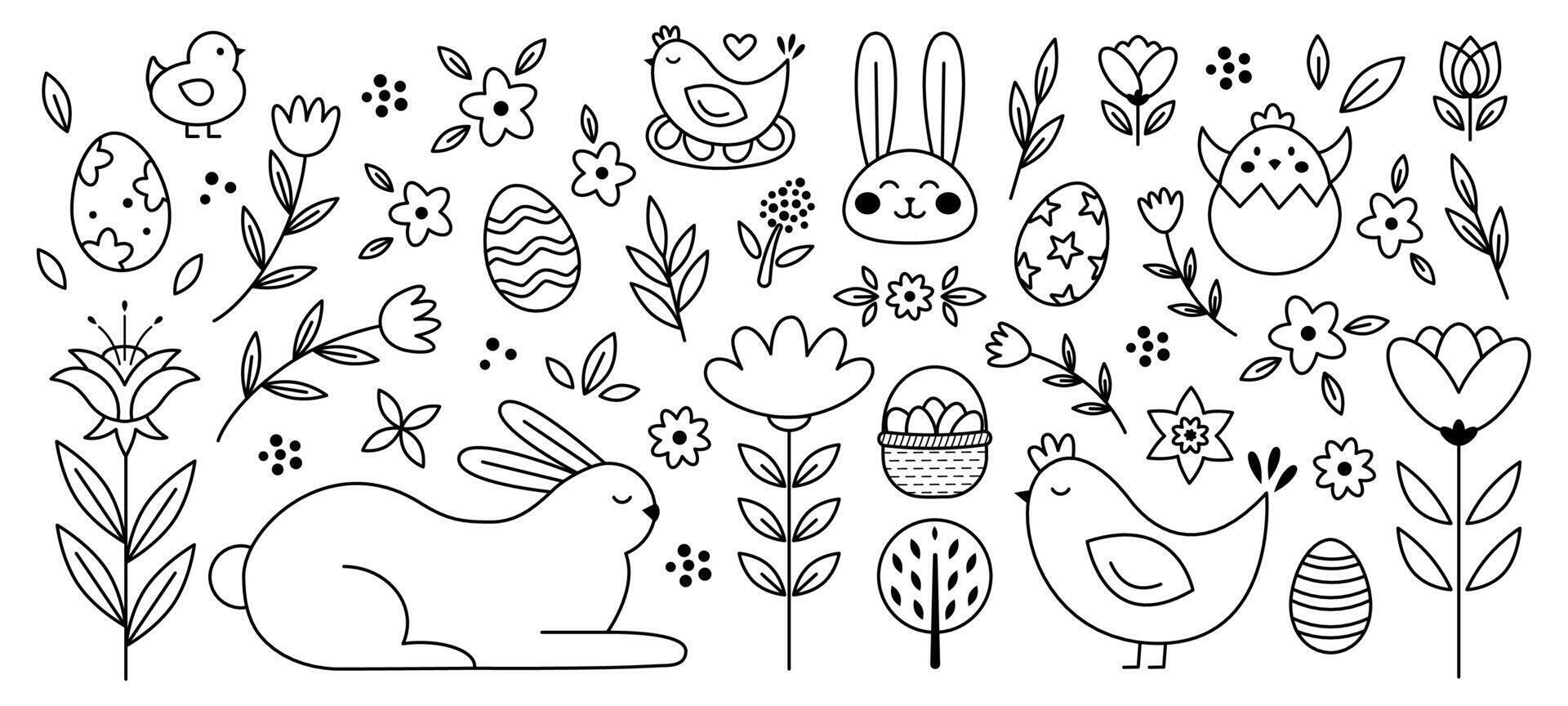 Easter symbol doodle style black line of big set vector