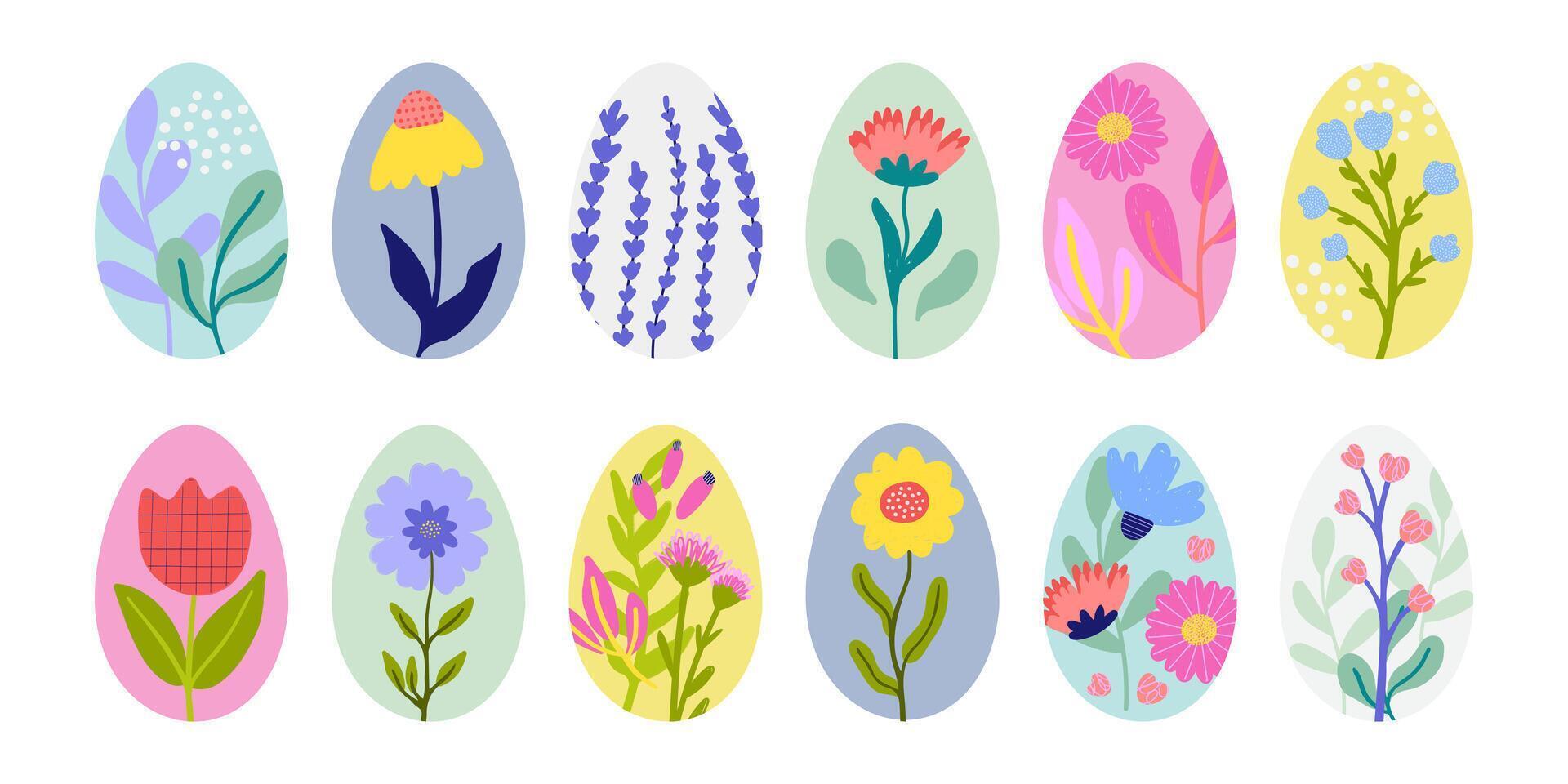 Easter eggs decorated of abstract hand drawn flowers vector set