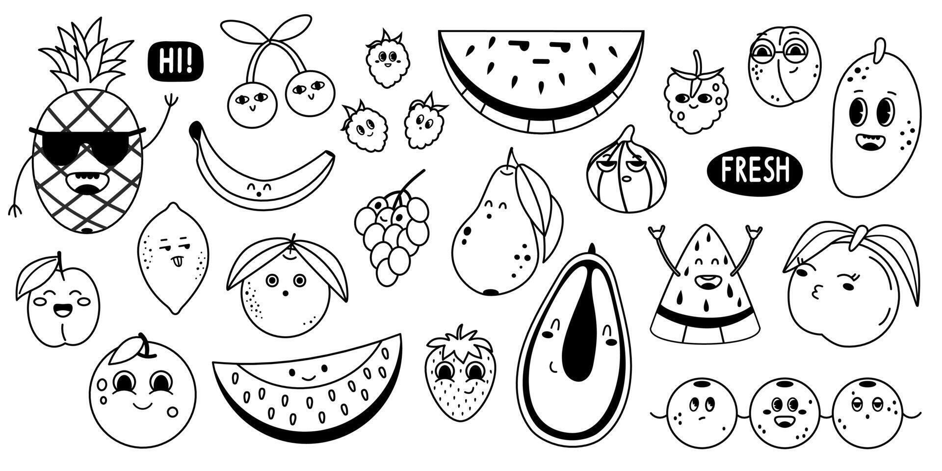 Fruit and berries characters black line collection vector