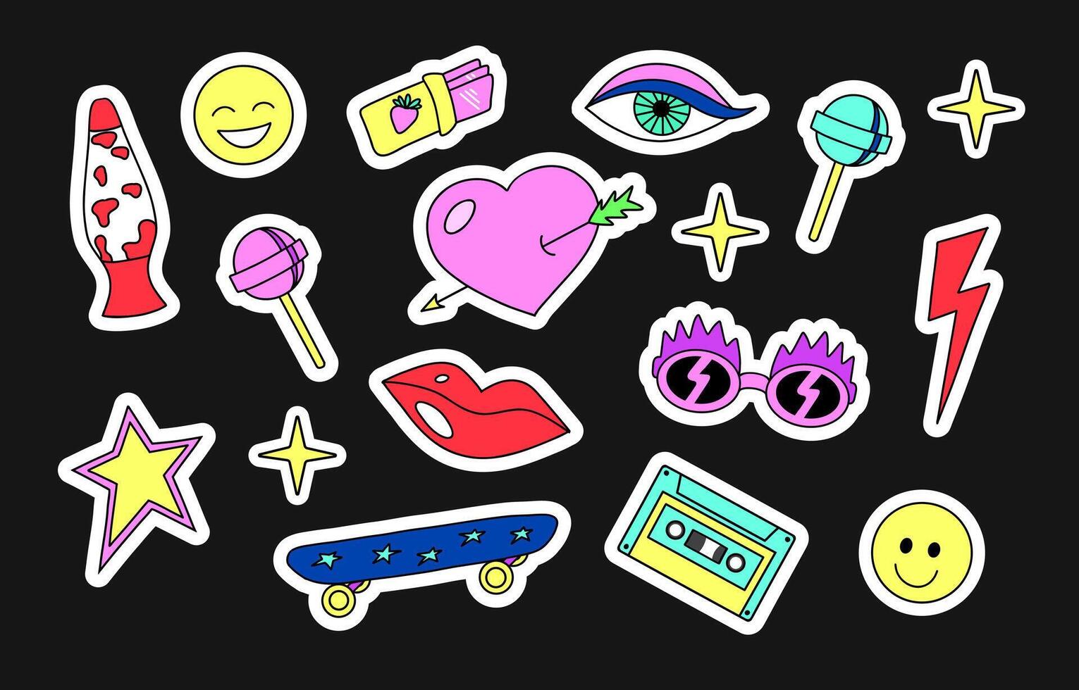 Sticker Collection of 90s. Retro stuff badges. Hand drawn doodle stickers vector