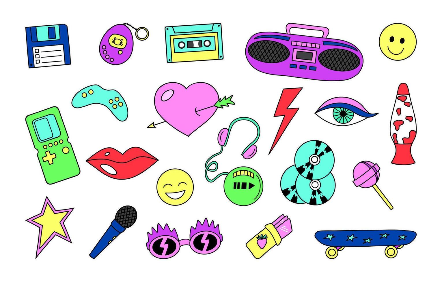 Retro set of 1990s elements. Vintage boombox, audio CD player, cassette and others. Nostalgic doodle badges vector