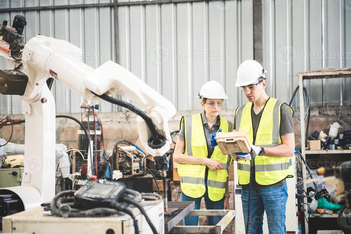 Engineers team mechanic using computer controller Robotic arm for welding steel in steel factory workshop. Industry robot programming software for automated manufacturing technology photo