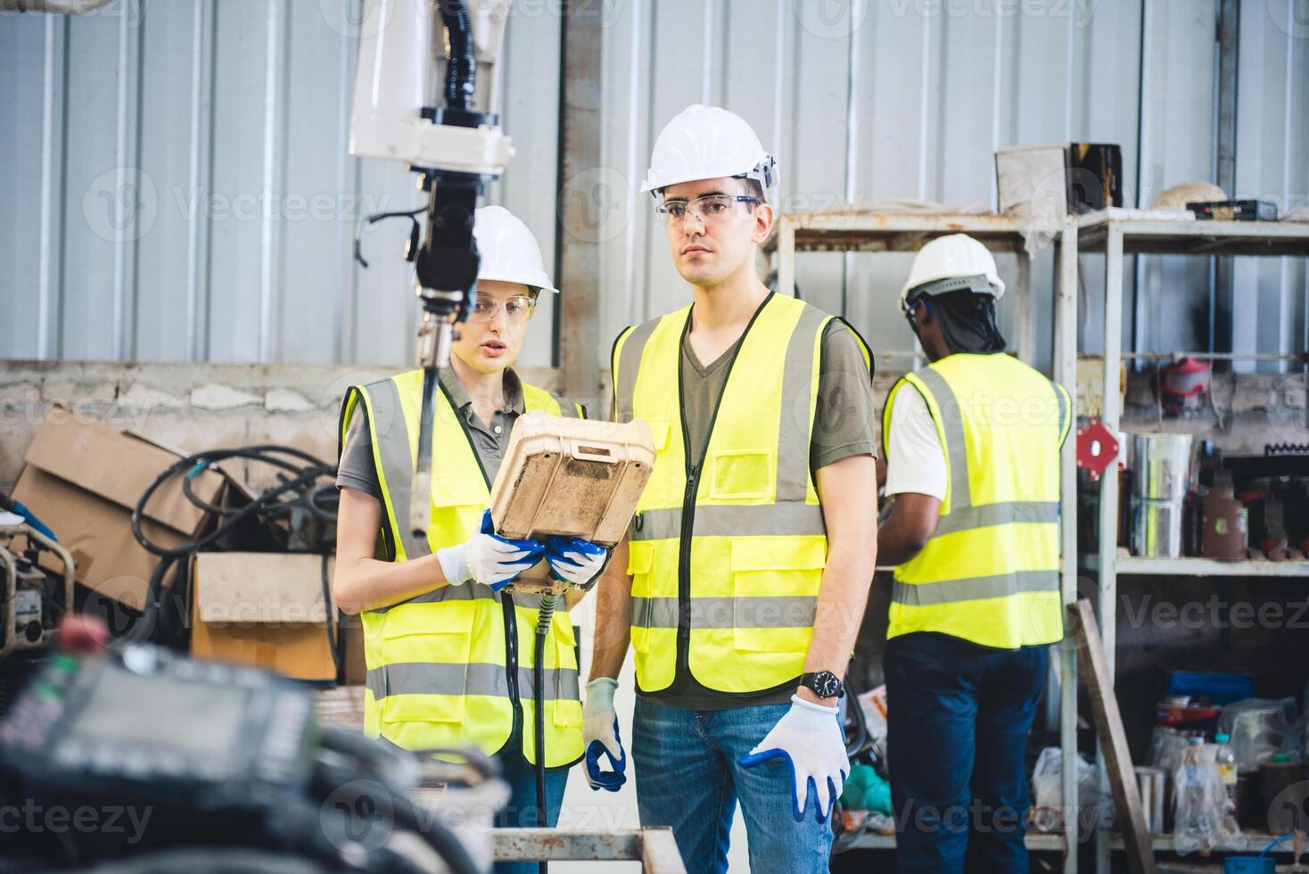 Engineers team mechanic using computer controller Robotic arm for welding steel in steel factory workshop. Industry robot programming software for automated manufacturing technology photo