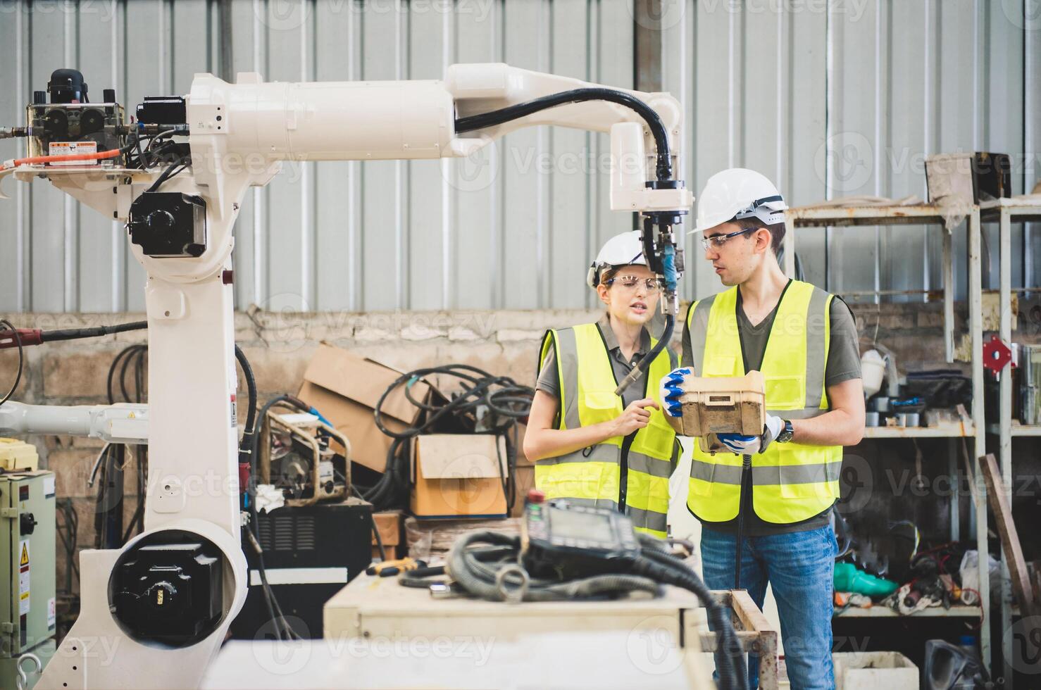 Engineers team mechanic using computer controller Robotic arm for welding steel in steel factory workshop. Industry robot programming software for automated manufacturing technology photo