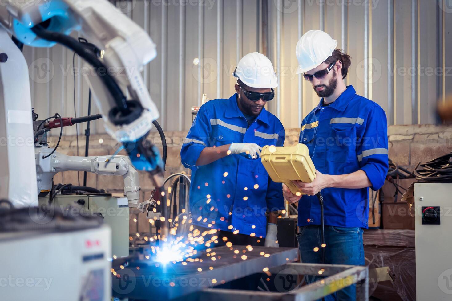 Two engineers mechanic using computer controller Robotic arm for welding steel in steel factory workshop. Industry robot programming software for automated manufacturing technology . photo