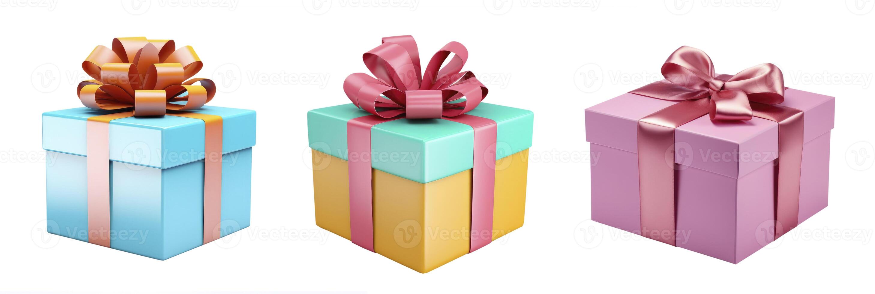 AI generated Three color gift box wrapped with gold bow and ribbon isolated on background. photo