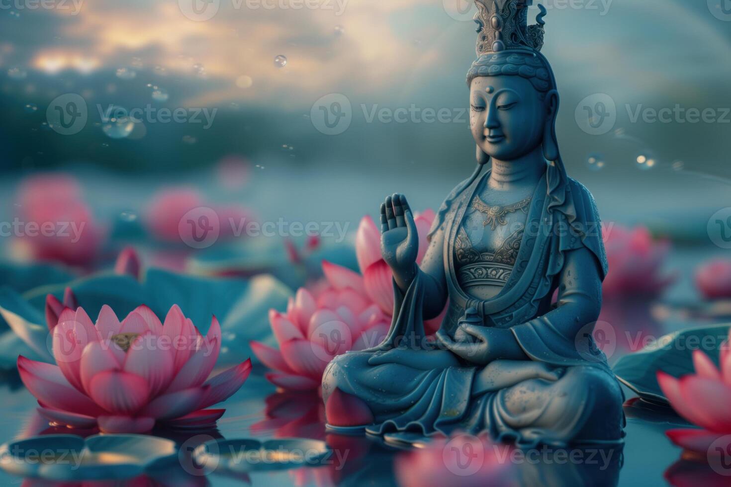 AI generated Guanyin Buddha statue in tranquil meditation with pink lotus flowers on water. photo