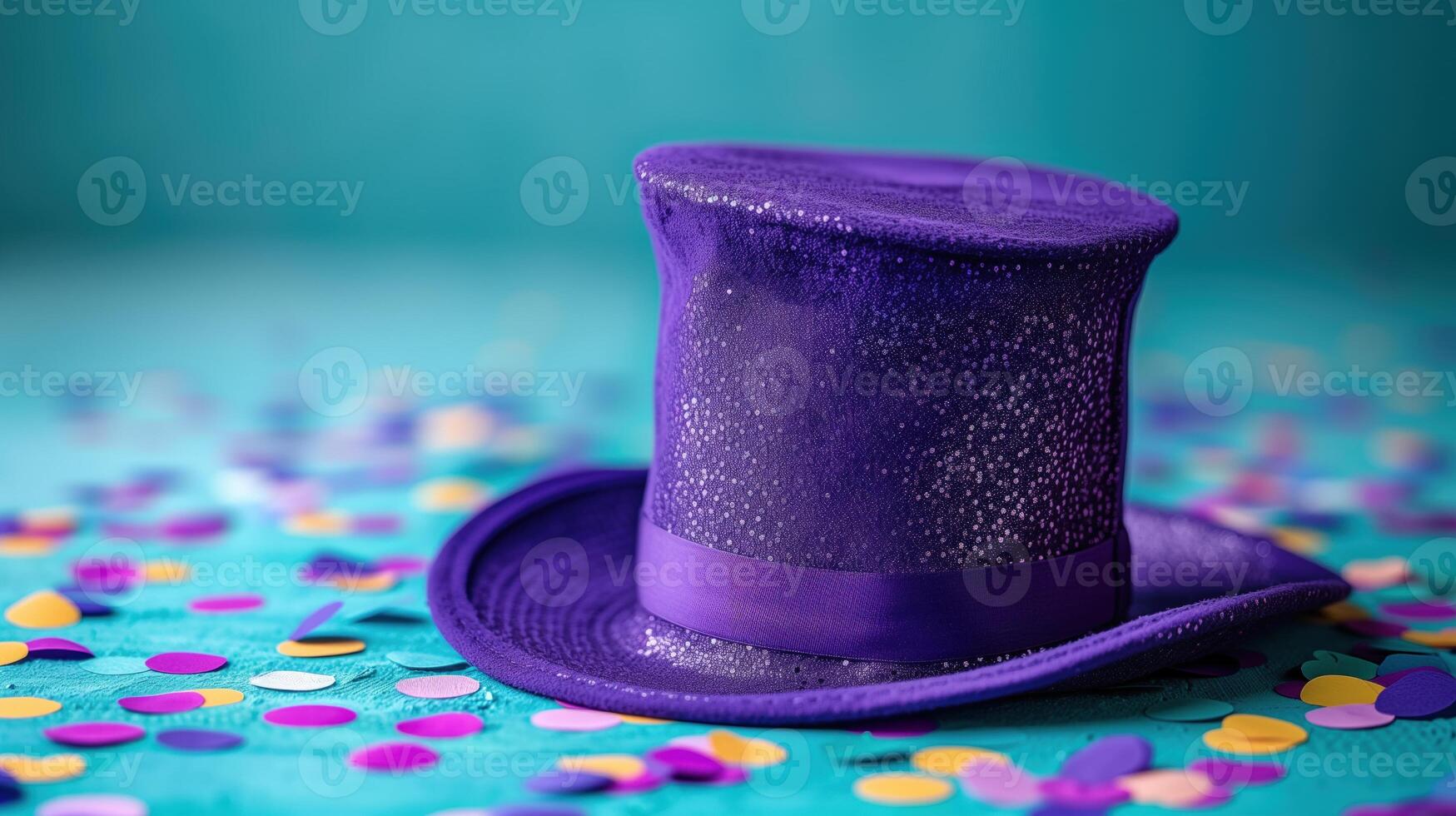AI generated Glittering Purple Top Hat with Colorful Confetti on a Vibrant Teal Background. photo