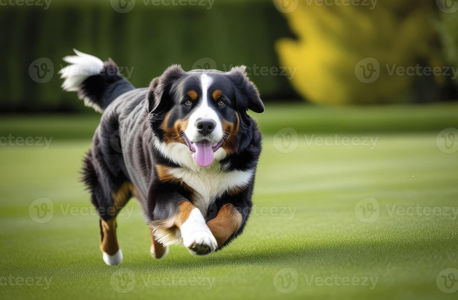AI generated Cute Bernese Mountain dog puppy running on the grass photo