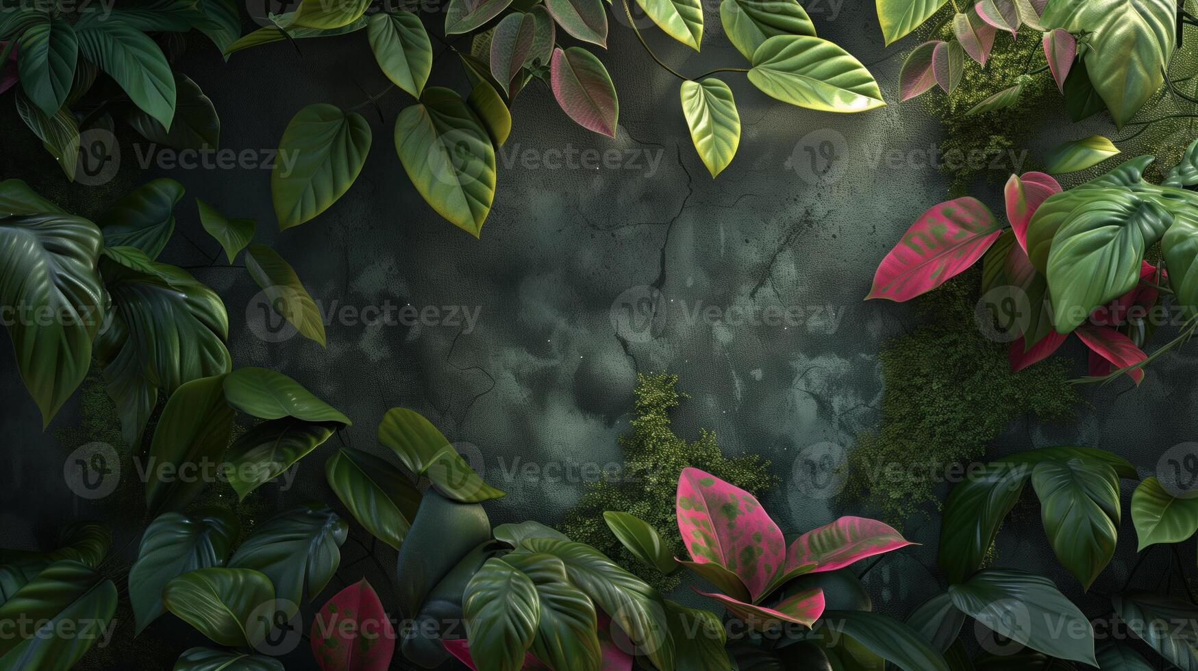 AI generated Lush Botanical Wall with Vibrant Green and Pink Leaves. photo