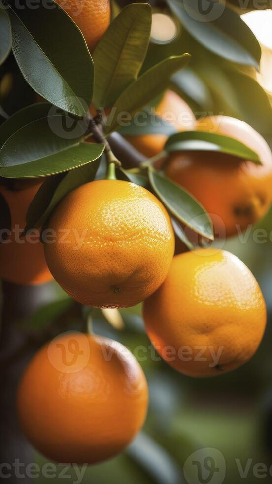 AI generated Summer citrus background. Orange fruit tree garden photo