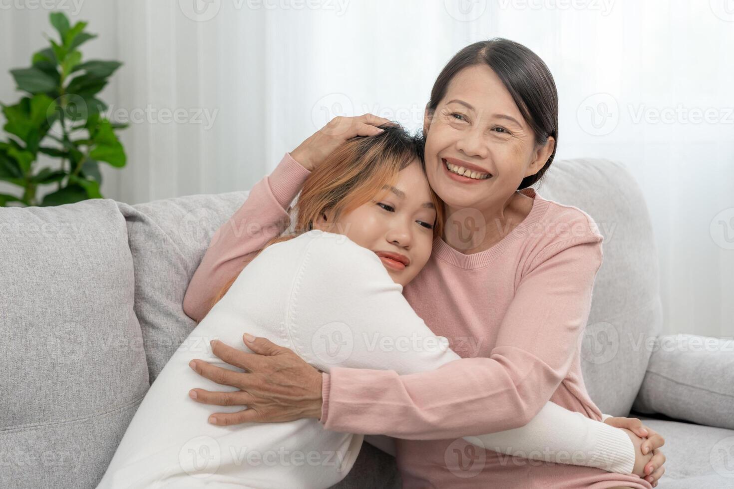 Mother day, cute asian teen girl hugging mature middle age mum. Love, kiss, care, happy smile enjoy family time. celebrate special occasion, happy birthday, merry Christmas. special day photo