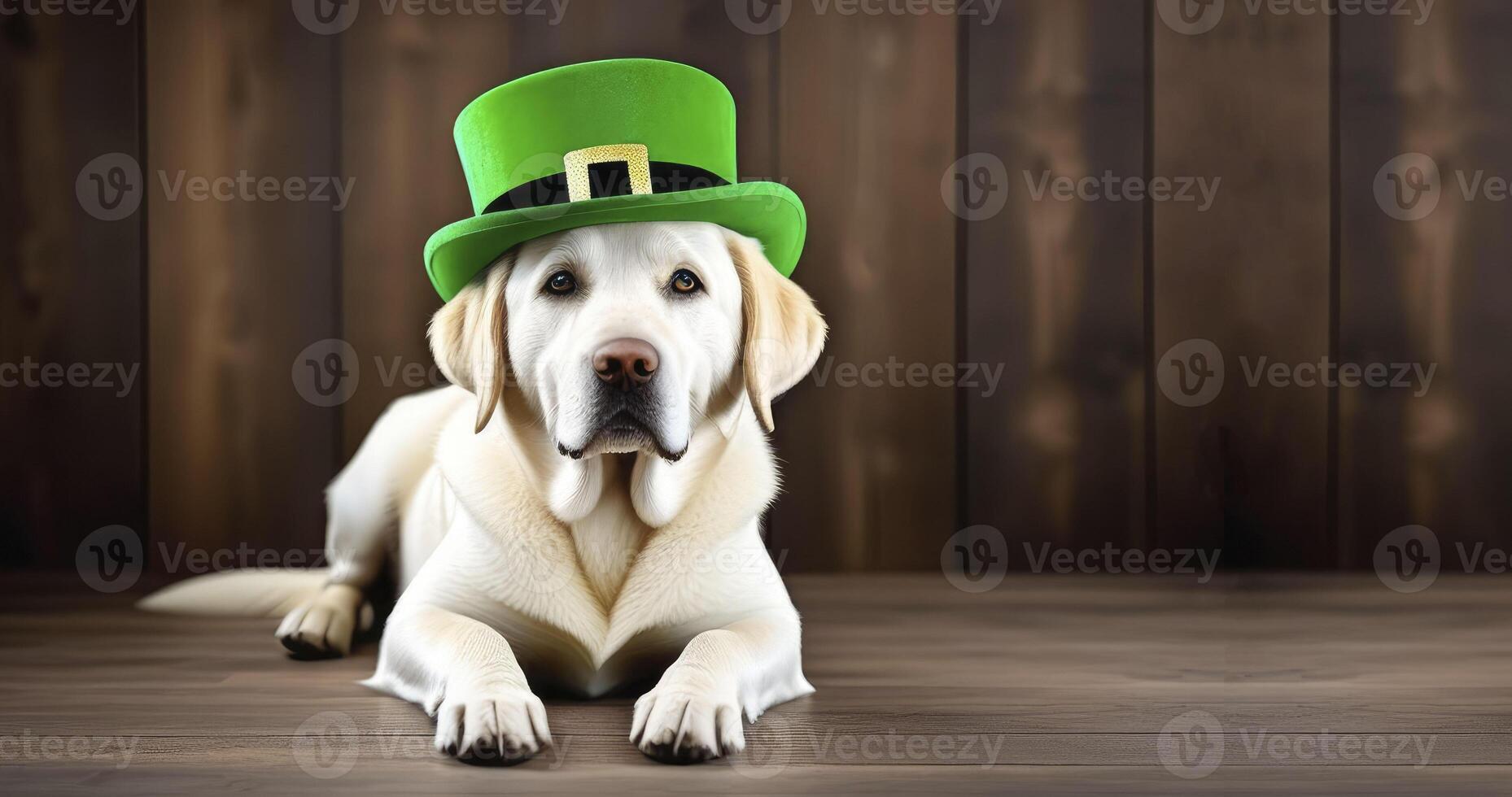 AI generated Banner a Gold Retriever dog in St. Patrick's Day hat sits on a wood background photo