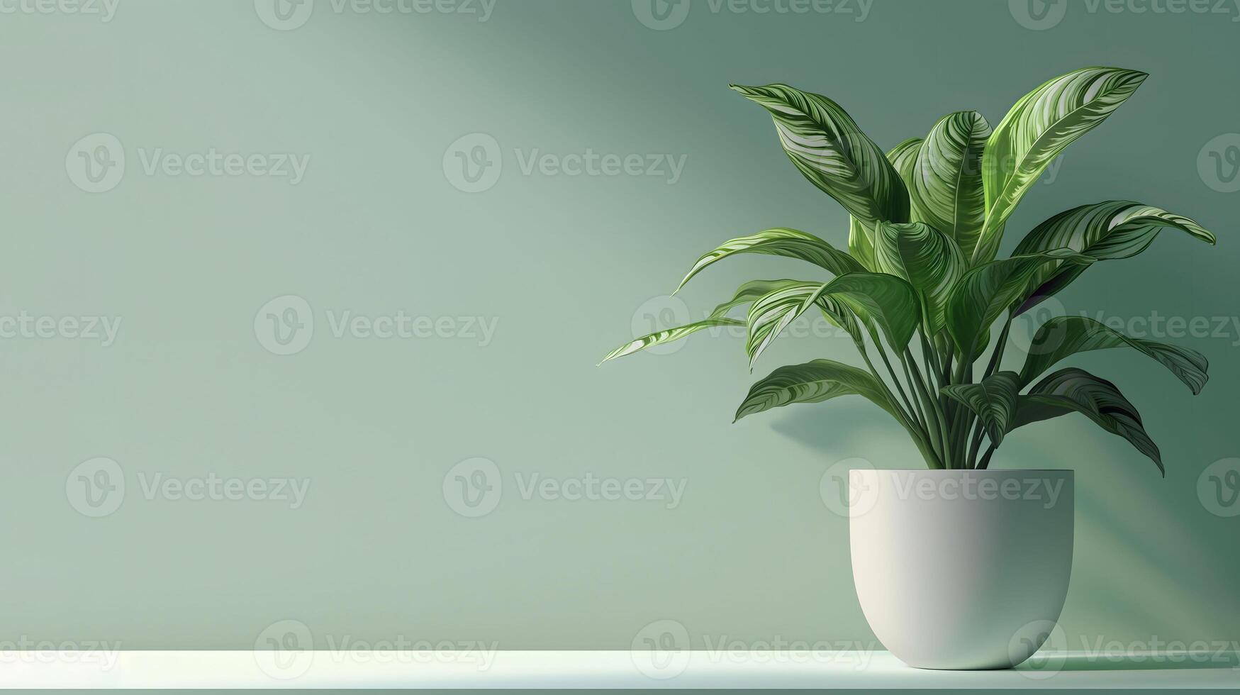 AI generated Dieffenbachia plant in a white pot on a green background, Minimal room for text, copy space photo