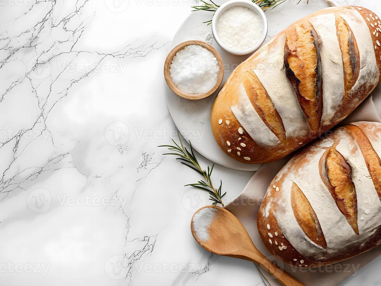 ai generado plano laico ver de un pan con Copiar espacio en un mármol mesa fondo, cocinar en cocina concepto foto