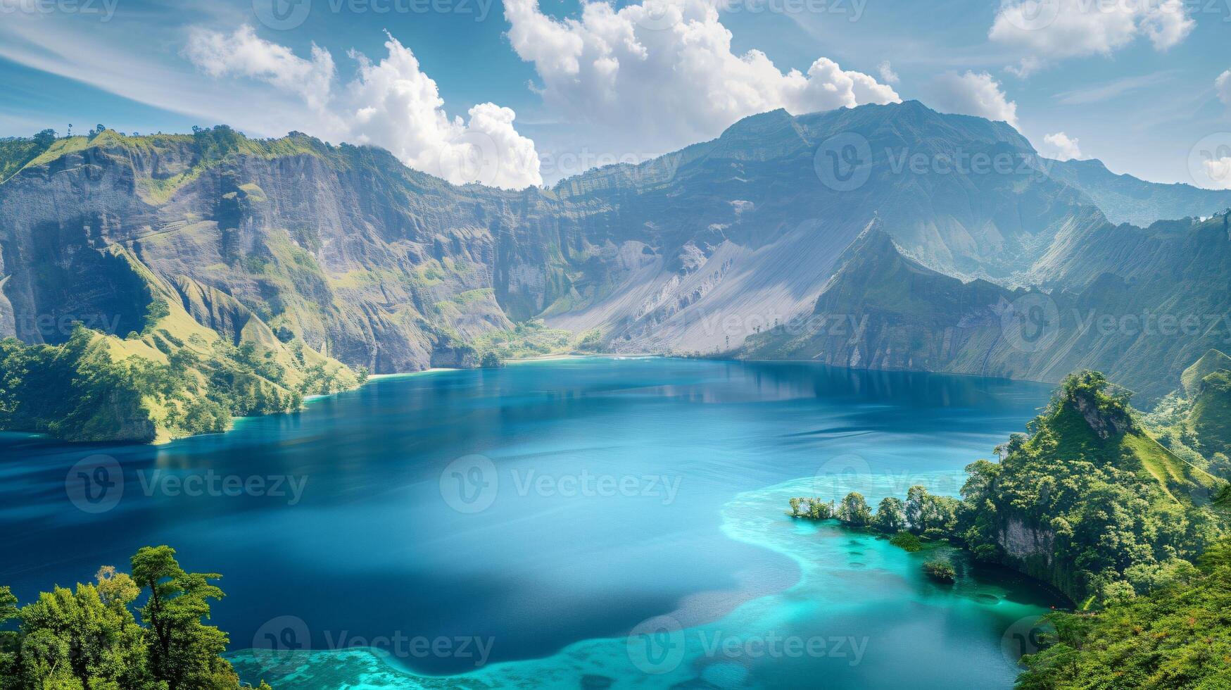 AI generated A Breathtaking View of a Beautiful Lake Embraced by Majestic Mountain Landscapes photo