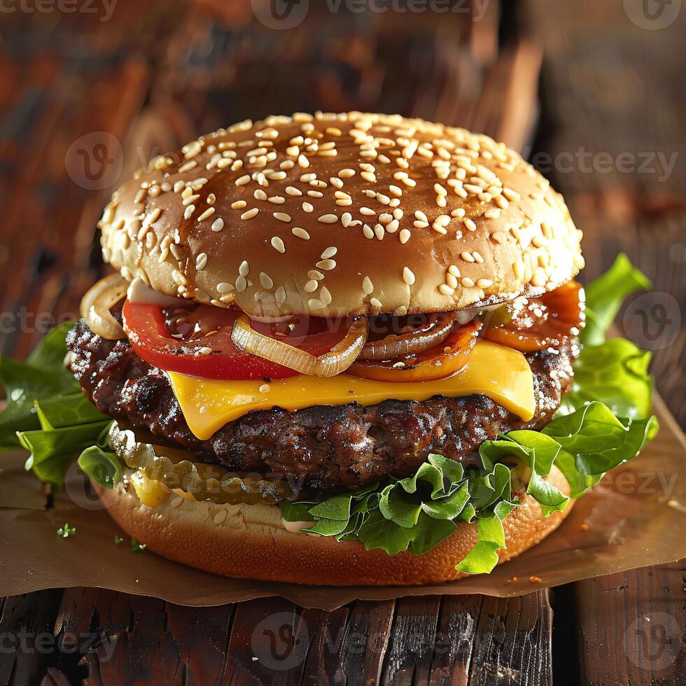 AI generated Mouthwatering Cheeseburger with Thick Juicy Patty and Fresh Ingredients photo