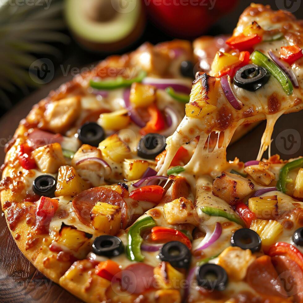 AI generated Irresistible Pizza Delight, Tempting Combination of Chicken, Pineapple, Pepperoni, and More photo