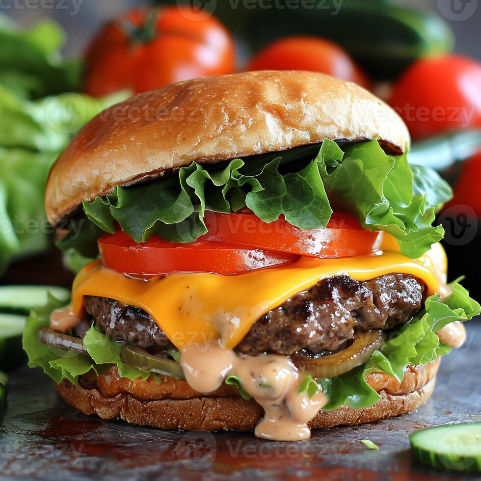 AI generated Mouthwatering Cheeseburger with Thick Juicy Patty and Fresh Ingredients photo