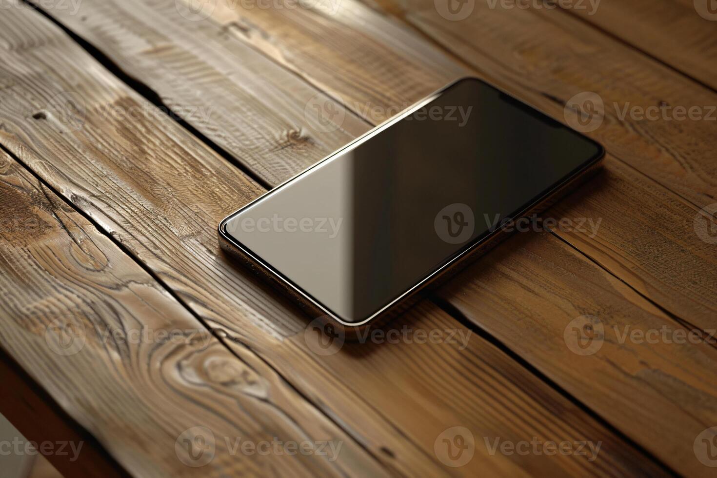 AI generated A Modern Smartphone Resting upon a Rustic Wooden Table photo