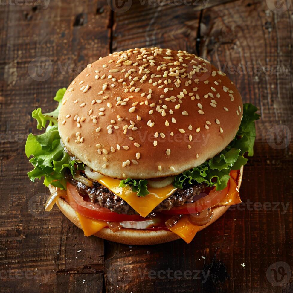 AI generated Mouthwatering Cheeseburger with Thick Juicy Patty and Fresh Ingredients photo