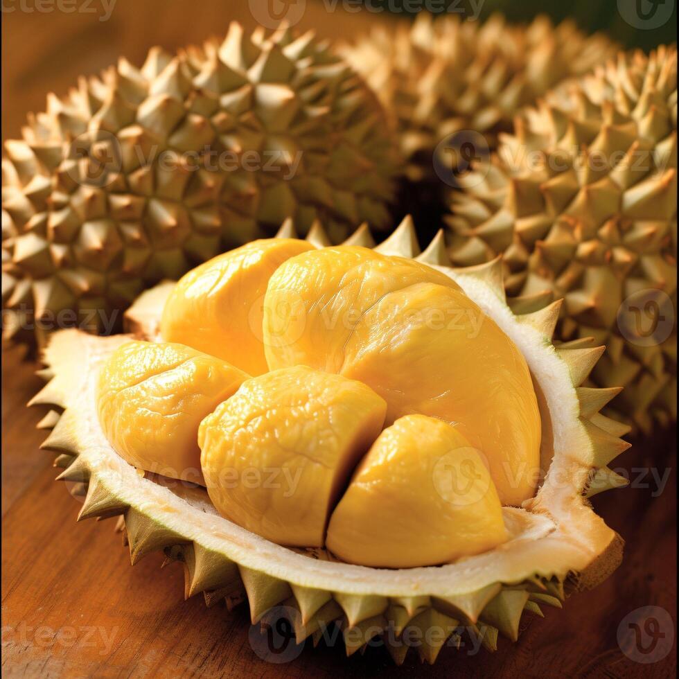AI generated Mouthwatering Durian with Sumptuously Thick and Appetizing Flesh photo
