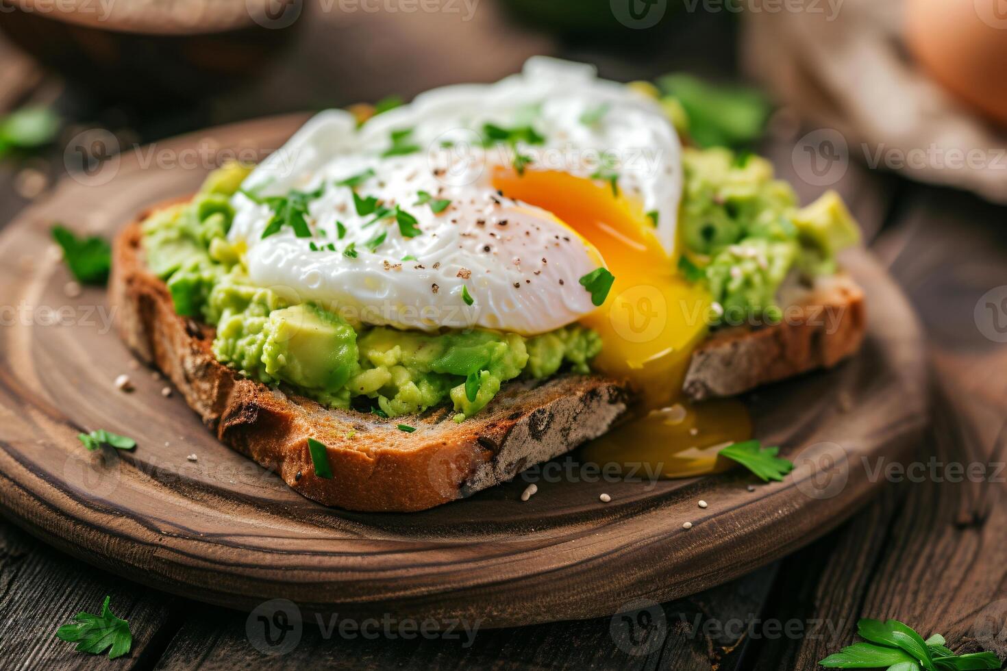 AI generated Delicious Avocado Toast Topped with Perfectly Poached Egg for Healthy Breakfast photo