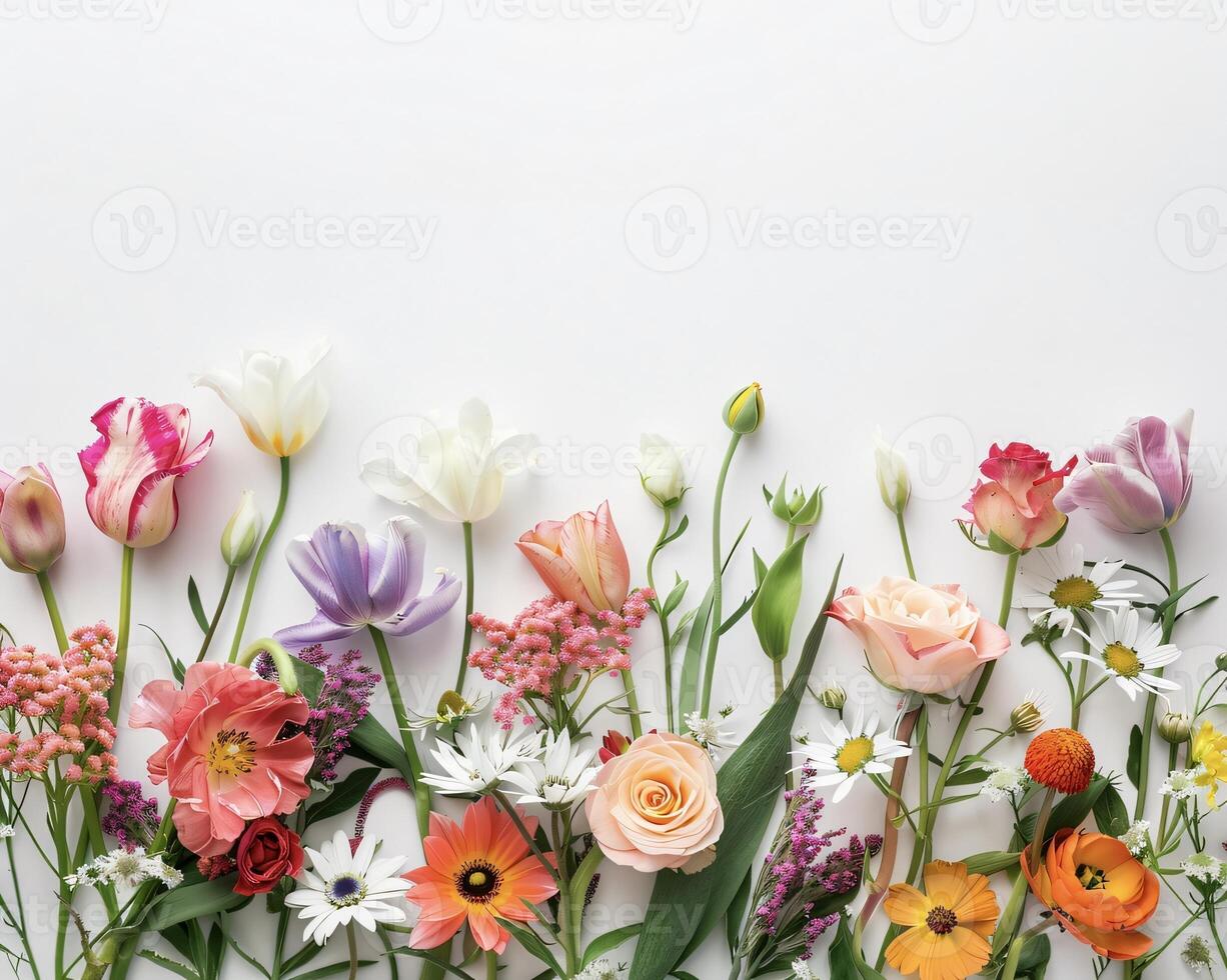 AI generated Vibrant Bunch of Assorted Flowers on Pristine Soft Background photo