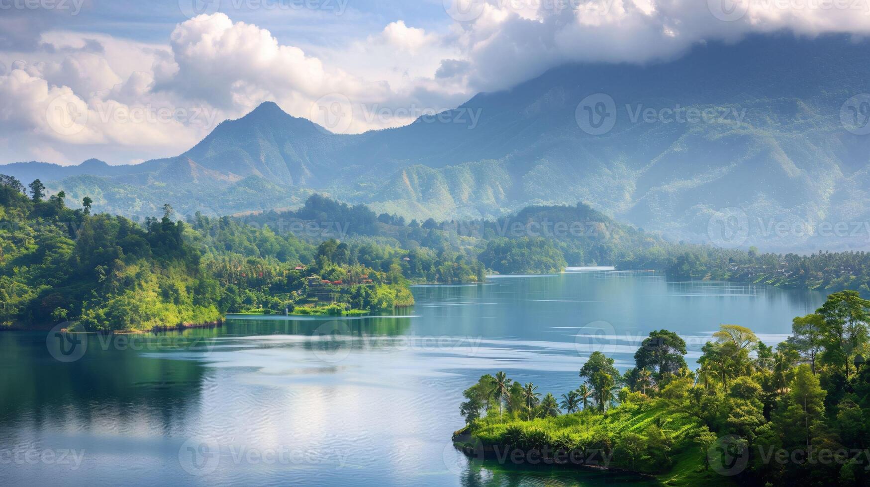 AI generated A Breathtaking View of a Beautiful Lake Embraced by Majestic Mountain Landscapes photo