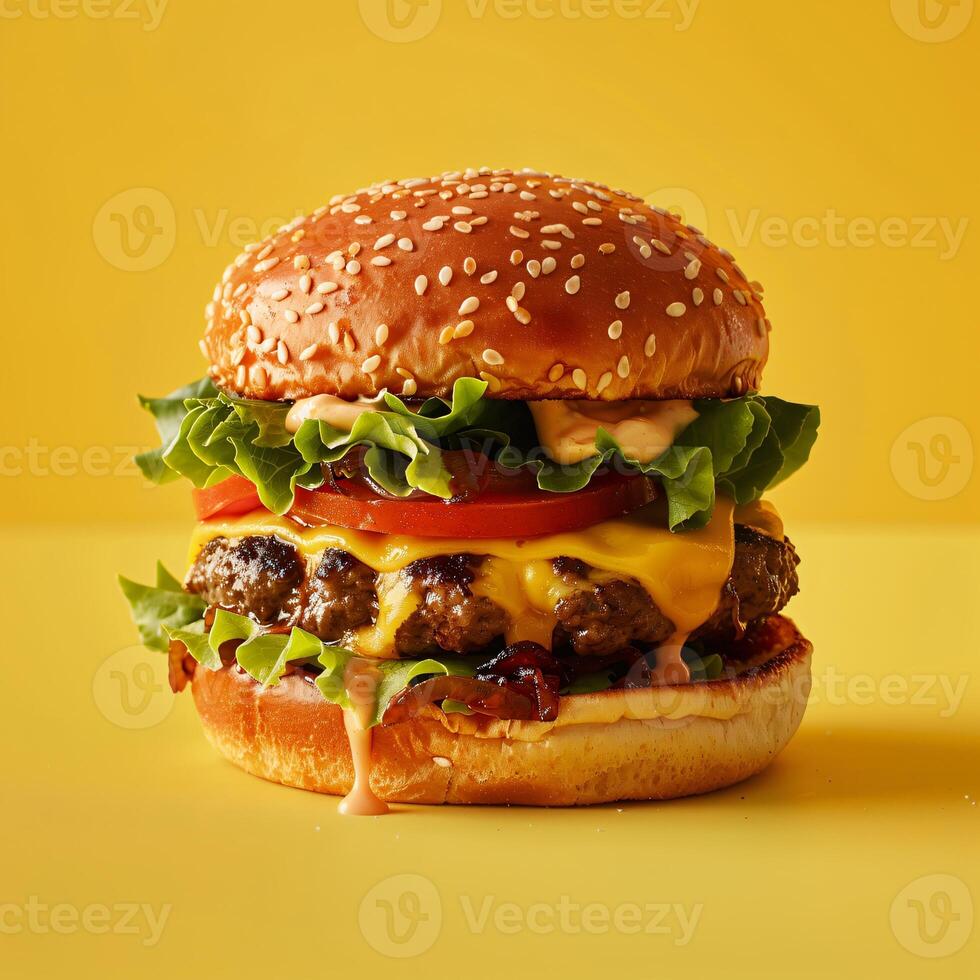 AI generated Mouthwatering Cheeseburger with Thick Juicy Patty and Fresh Ingredients photo