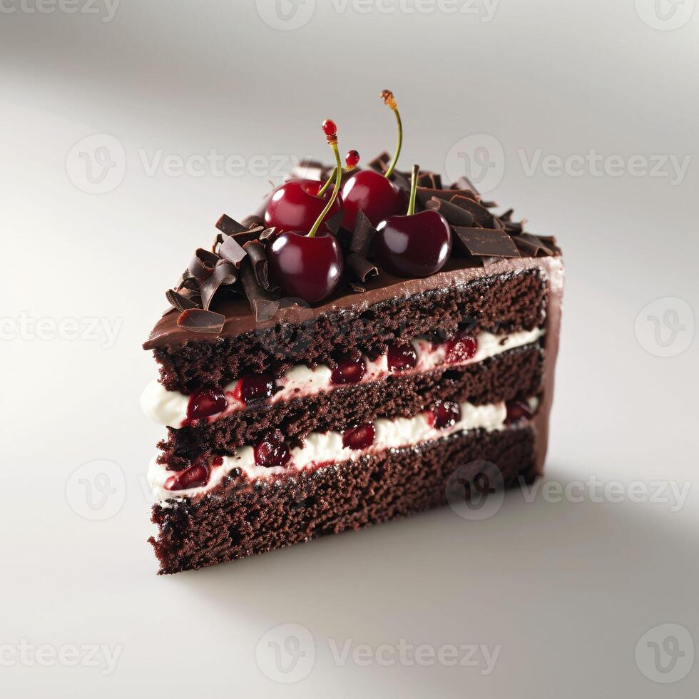 AI generated Irresistible Black Forest Cake Slice, Tempting Layers with Cherry Delights photo