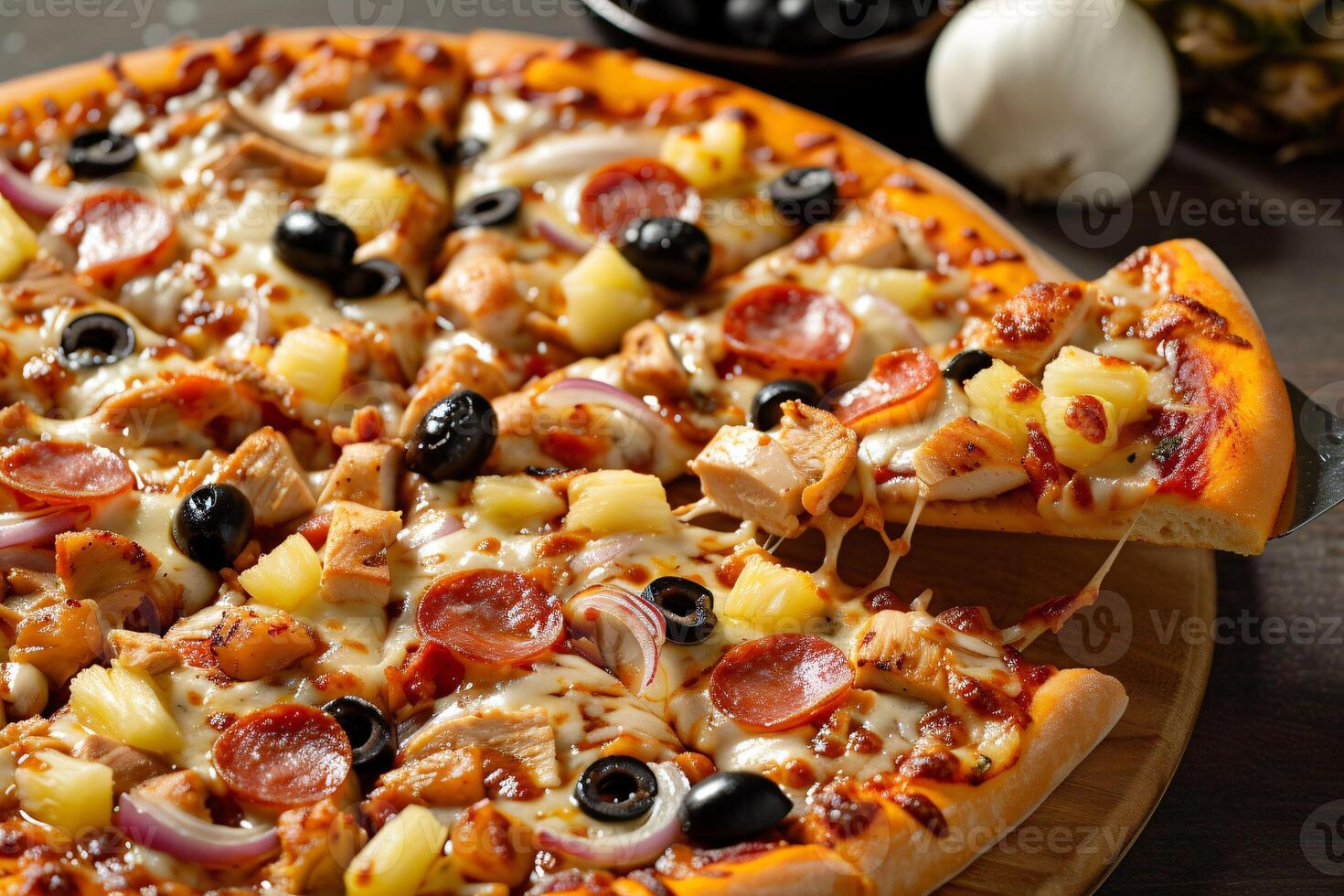 AI generated Irresistible Pizza Delight, Tempting Combination of Chicken, Pineapple, Pepperoni, and More photo