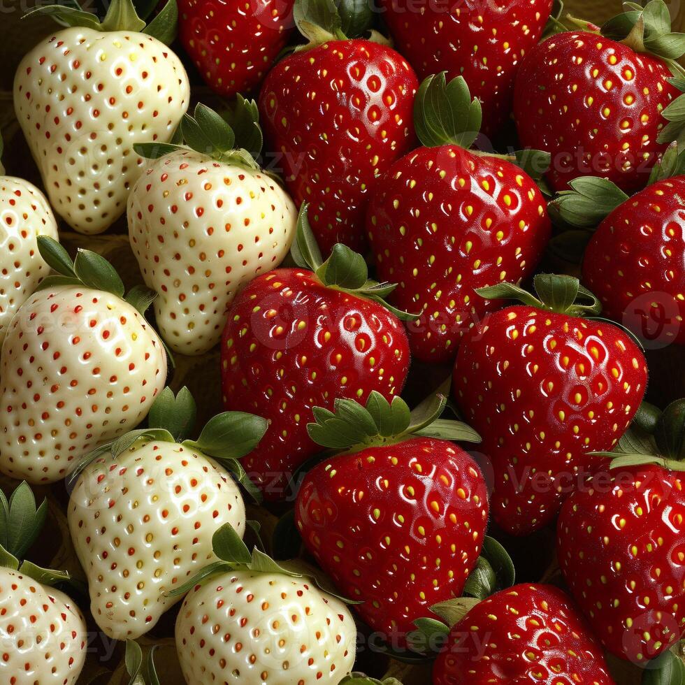 AI generated Vibrant White and Red Strawberries with Freshness Burst photo