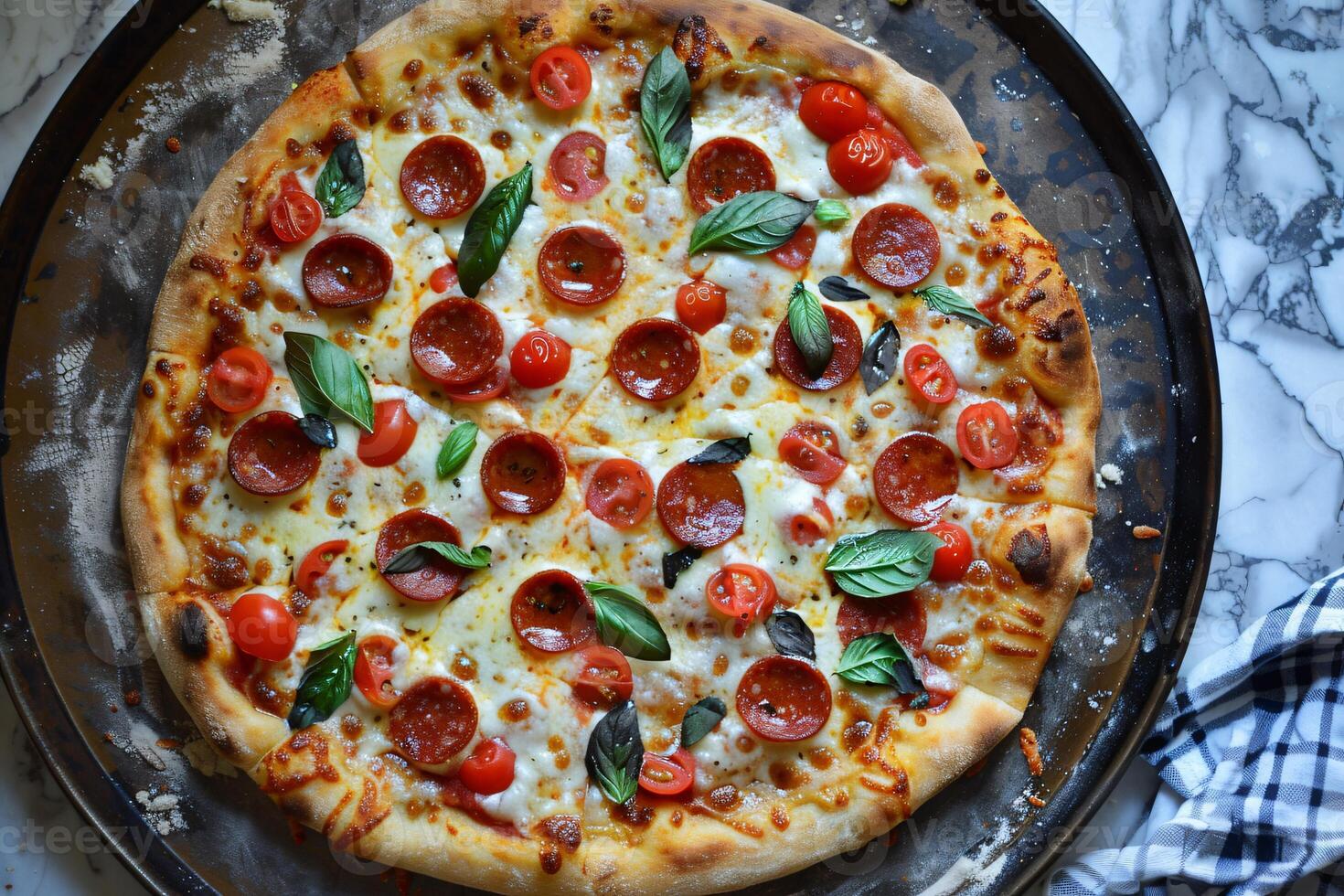 AI generated A Freshly Baked Homemade Pizza on a Rustic Pizza Stone photo