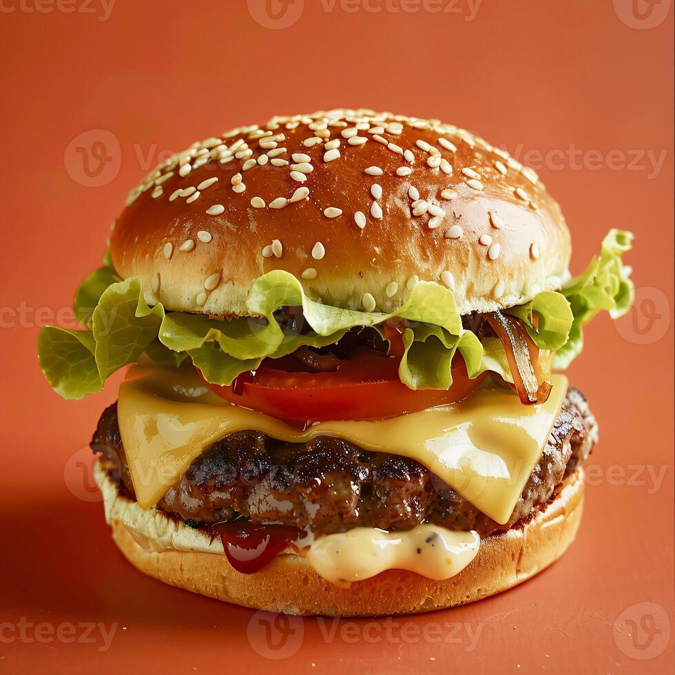 AI generated Mouthwatering Cheeseburger with Thick Juicy Patty and Fresh Ingredients photo