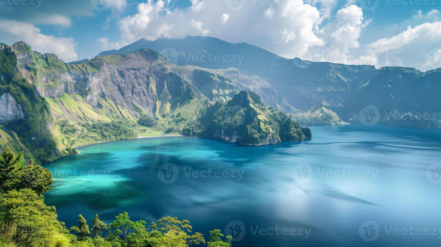 AI generated A Breathtaking View of a Beautiful Lake Embraced by Majestic Mountain Landscapes photo