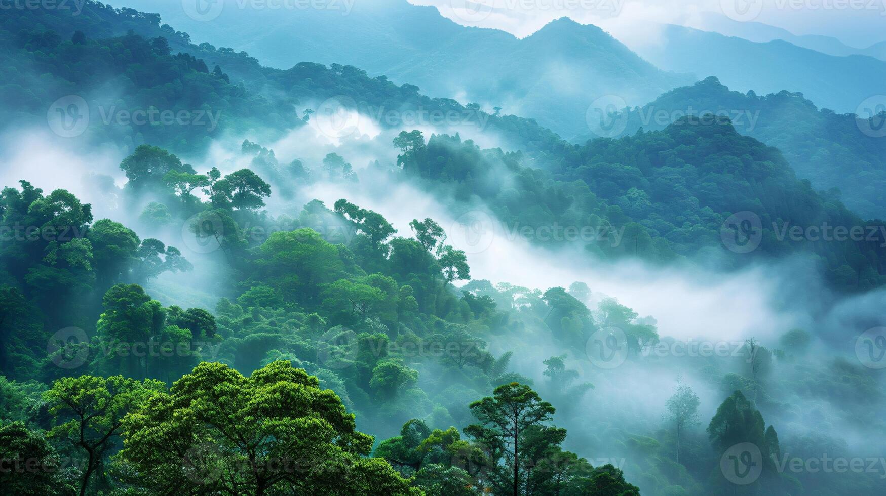 AI generated Enchantment upon the Fog-shrouded Green Mountains photo