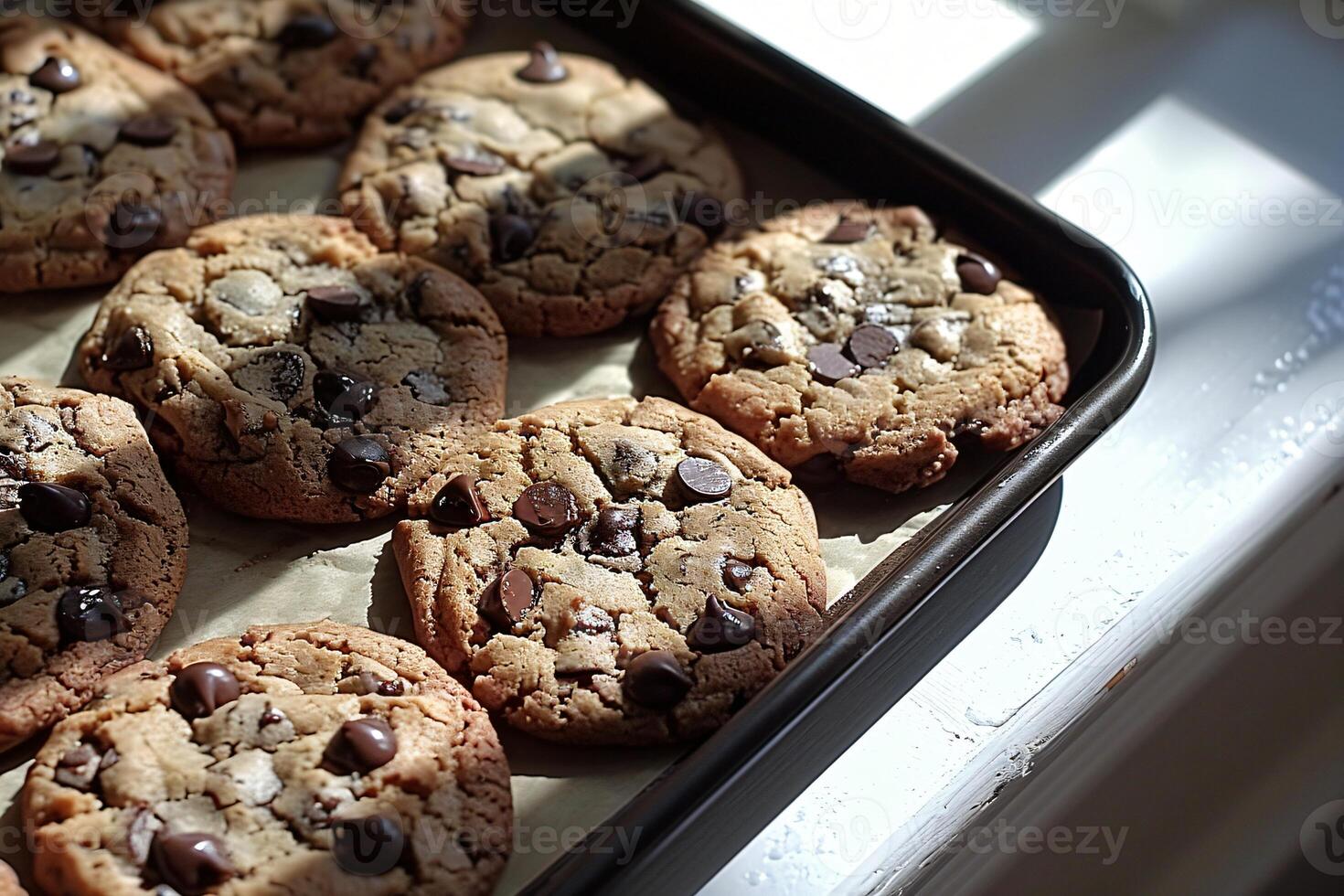 ai generado recién horneado chocolate chip galletas el tentador hecho en casa tratar foto