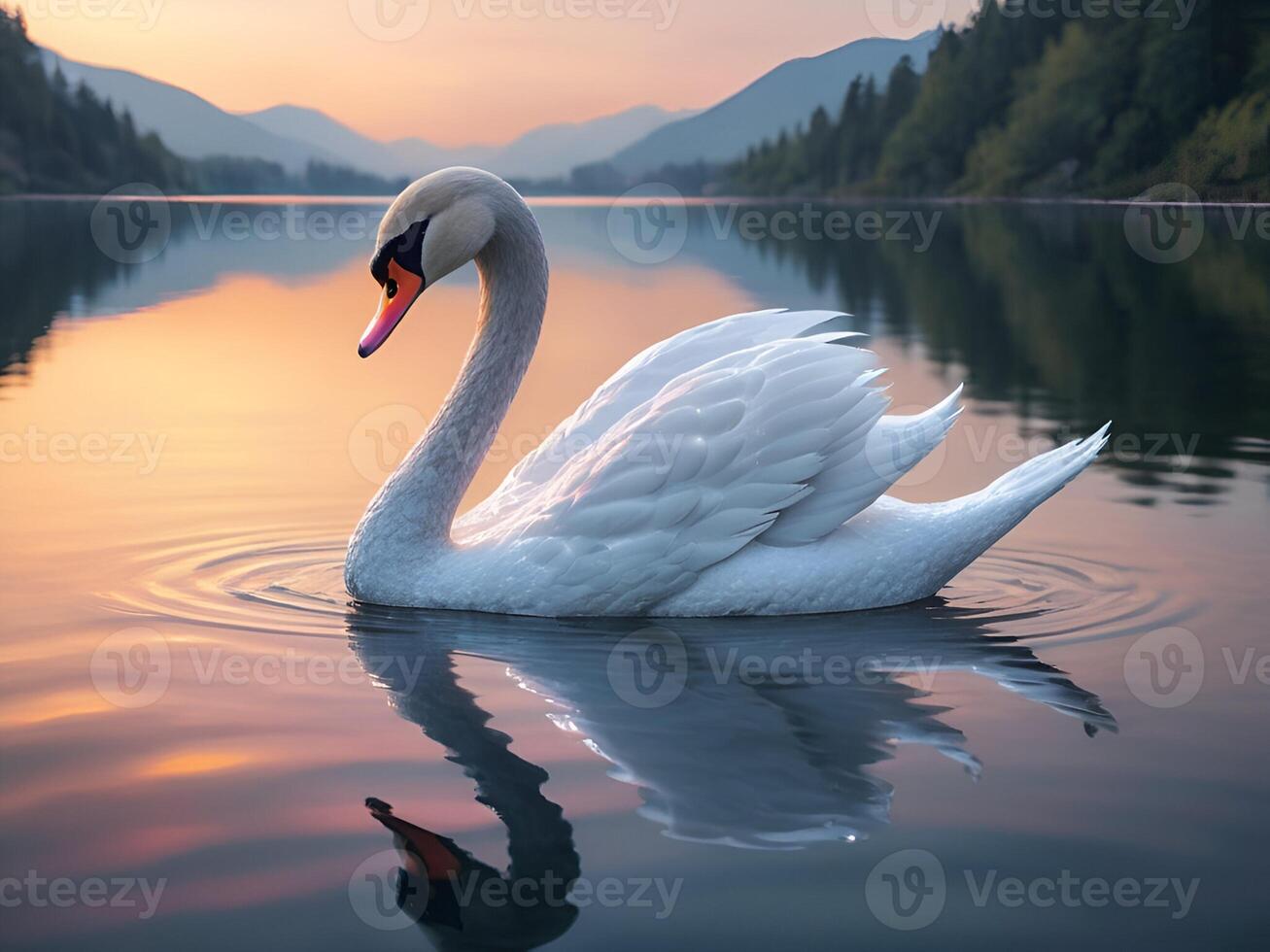 AI generated swan on the lake in morning photo