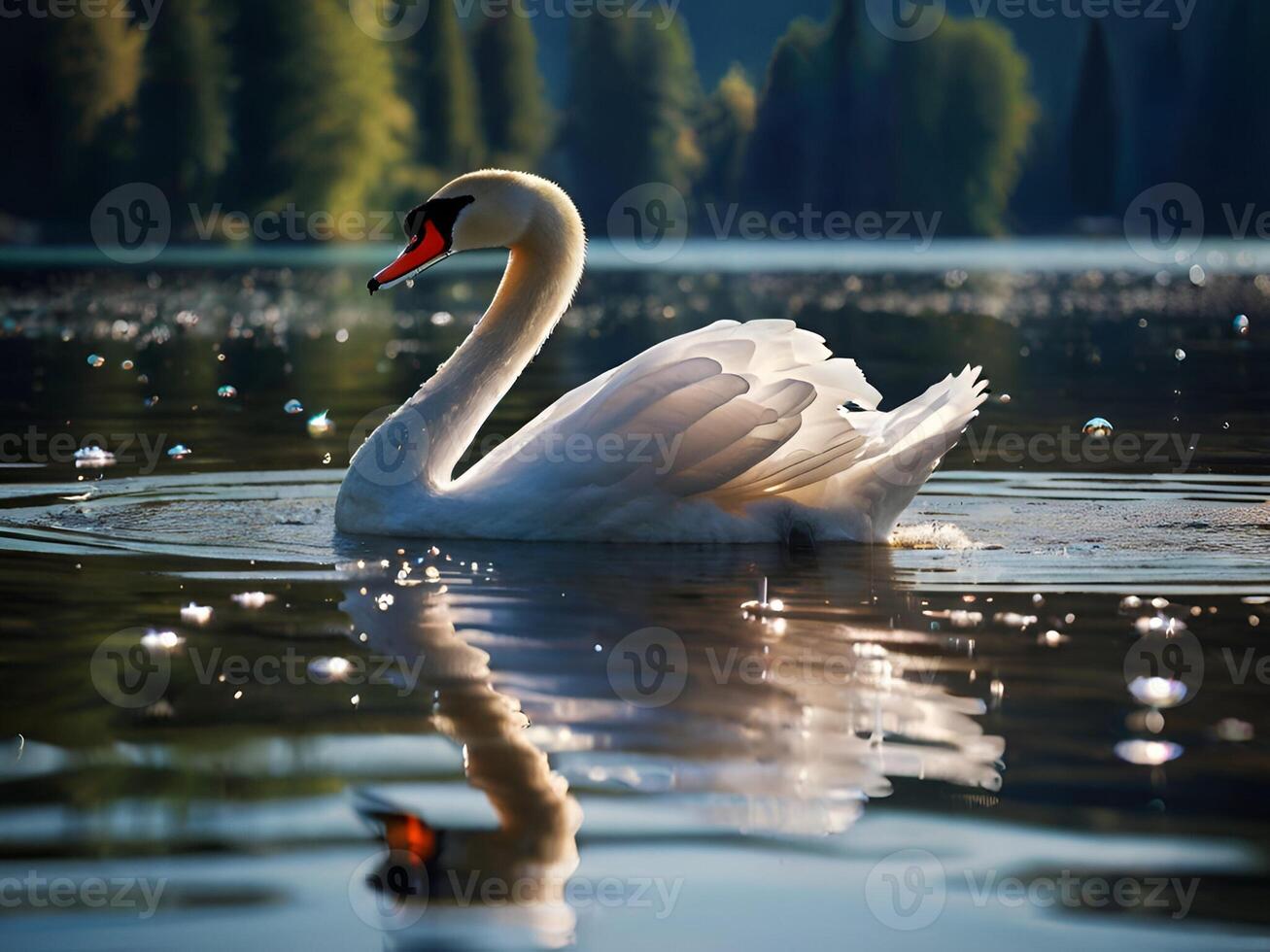 AI generated swan on the lake with nature light photo
