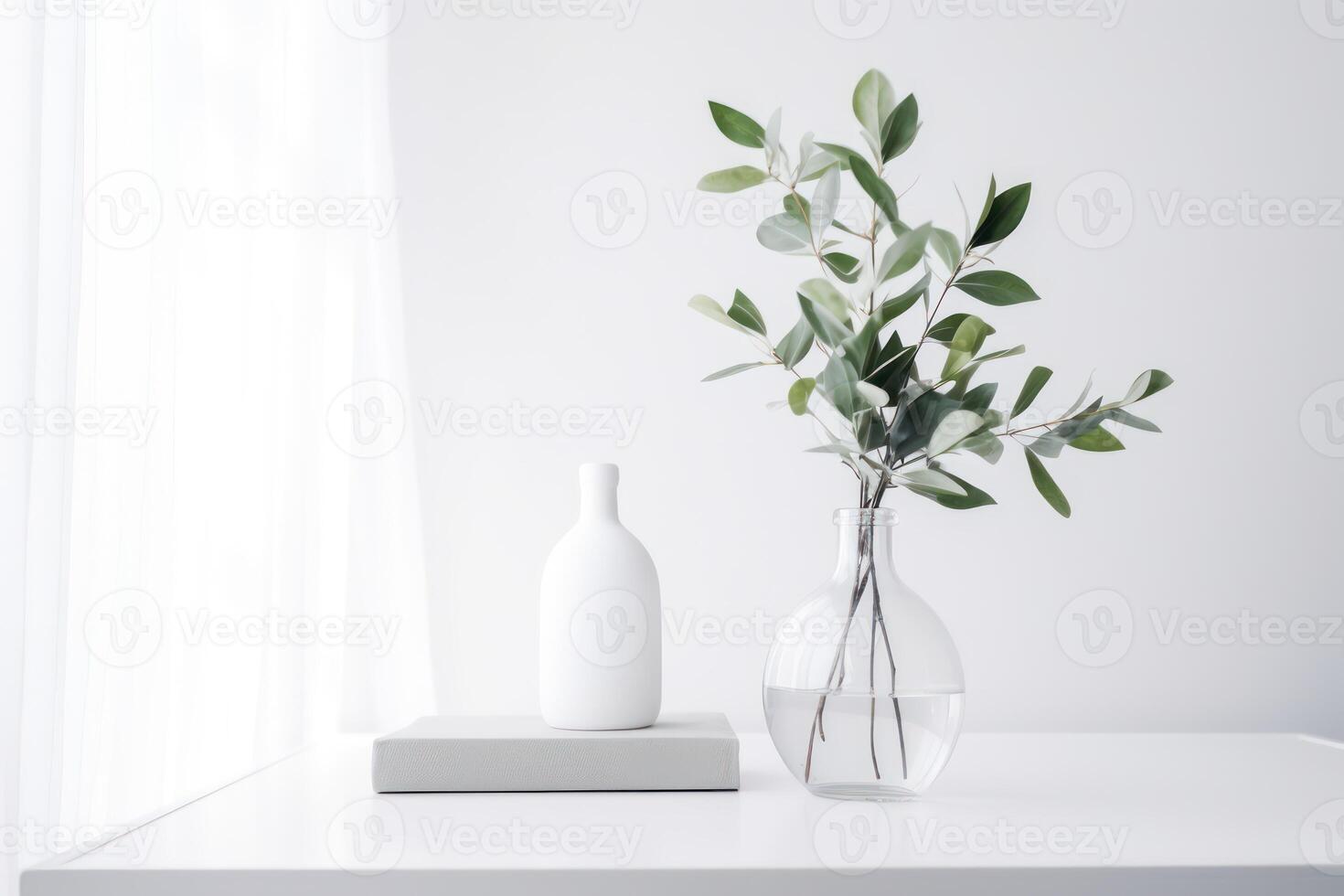 AI generated Vase with green sprigs of plants in white minimalist interior. Generative AI photo