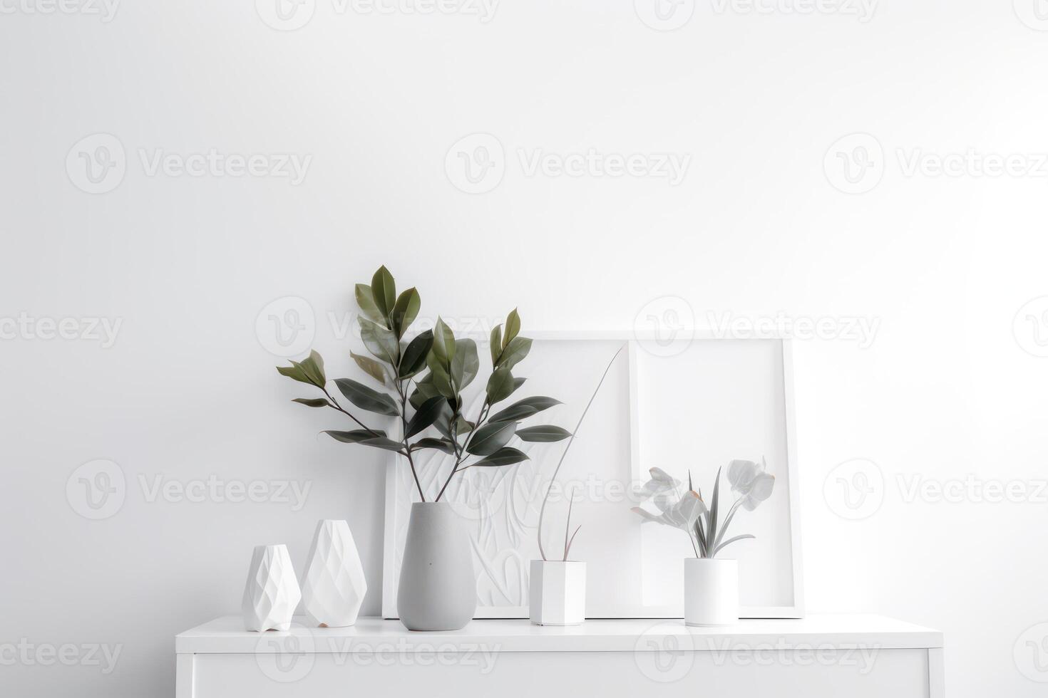 AI generated White modern interior, minimalist decor and plants. Generative AI photo