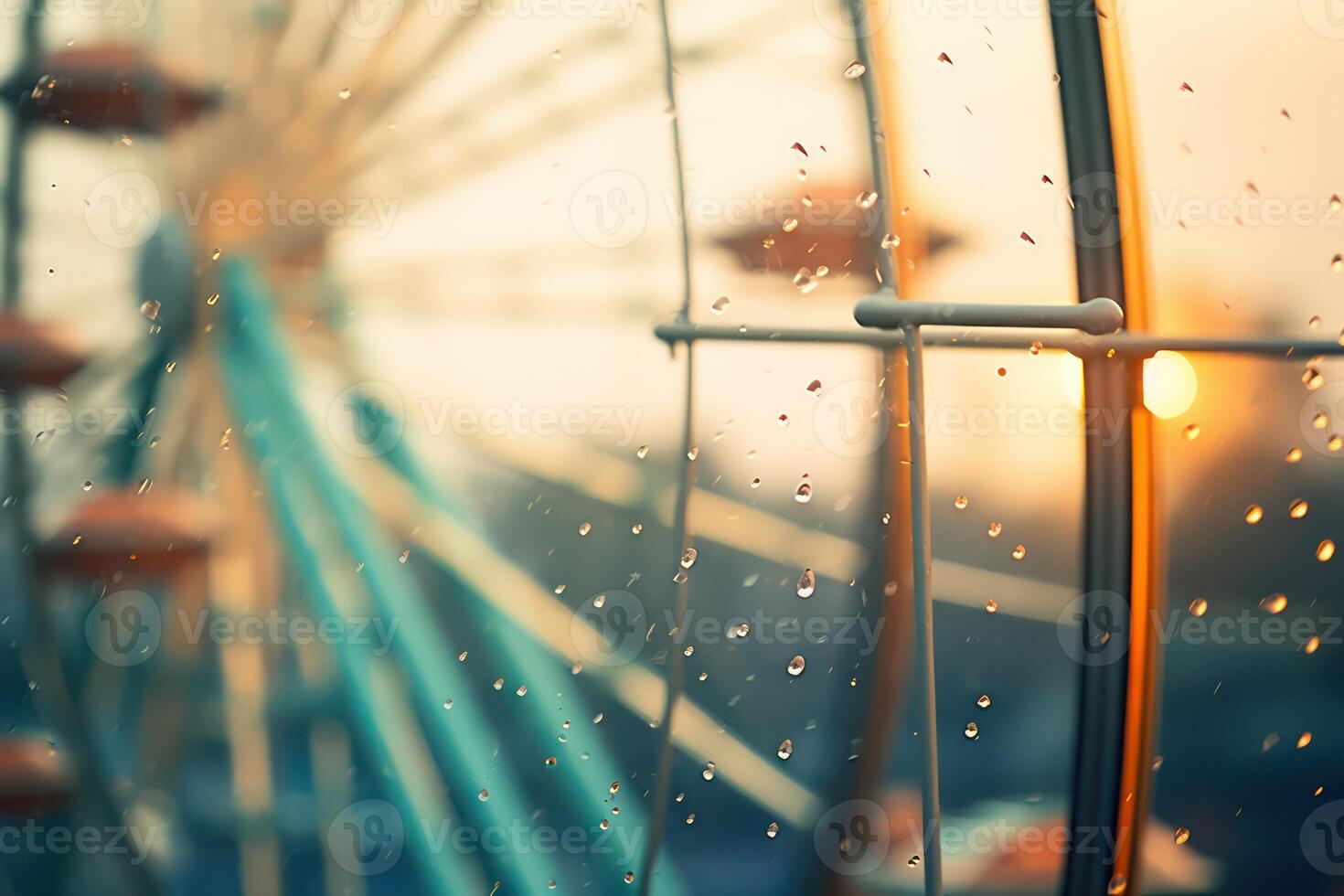 AI generated Ferris wheel, raindrops view from the cabin, abstract background. Generative AI photo