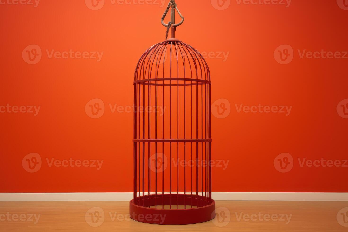 AI generated Vintage empty bird cage on terracotta orange wall background. Generative AI photo