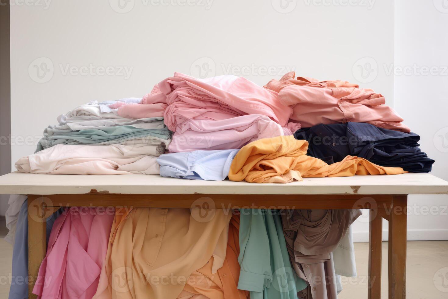 AI generated Pile of clean clothes and bed linen after washing, abstract background. Generative AI photo